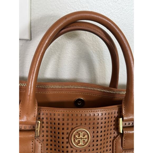 Authentic Tory Burch Robinson Perforated Tote Double Zip Satchel Brown No Strap - Picture 3 of 16